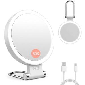 Makeup Mirror with Lights, Magnifying Mirror 1X/30X with Adjustable 3 Color Light, Double Side Control, 2000mAh Rechargeable, Lighted Makeup Mirror with Magnification, Smart Memory, Gift for Women