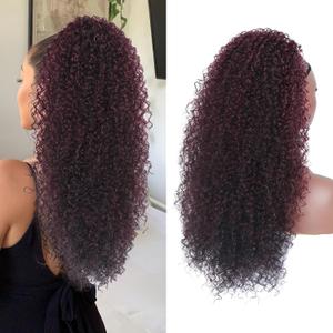 Alebery 27 Inch Drawstring Ponytail Extension for Black Women Deep Curly Ponytail Extension Synthetic Mixed with Human Hair Hairpieces Afro Kinky Curly Pony Tail for Daily Use (Burgundy)