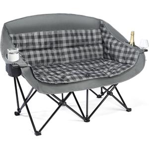 Double Camping Chairs Padded Loveseat Chair for 2 Person - Heavy Duty Oversized Camping Couch for Adults Outdoor Lawn Beach Portable Folding Sofa with Cup Holders Support 600lbs, Grey, Large