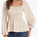 Umenlele Women's Long Sleeve Square Neck Shirred Ruched Ruffle Peplum Blouse Shirt Tops XL
