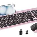 Wireless Keyboard and Mouse, Ergonomic Keyboard Mouse with Phone Holder, 2.4GHz Cordless Keyboard Mouse for Mac, Windows, PC, Laptop （Pink）