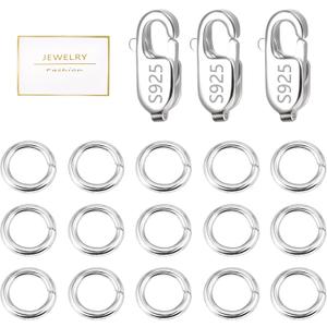 925 Sterling Silver Jewelry Making Lobster Claw 10mm, 23PCS Italian Rectangle Trigger Clasps with Open Jump Rings Set, Small Necklaces Bracelet Connector Clasp Supplies Silver Jewelry Finding Set