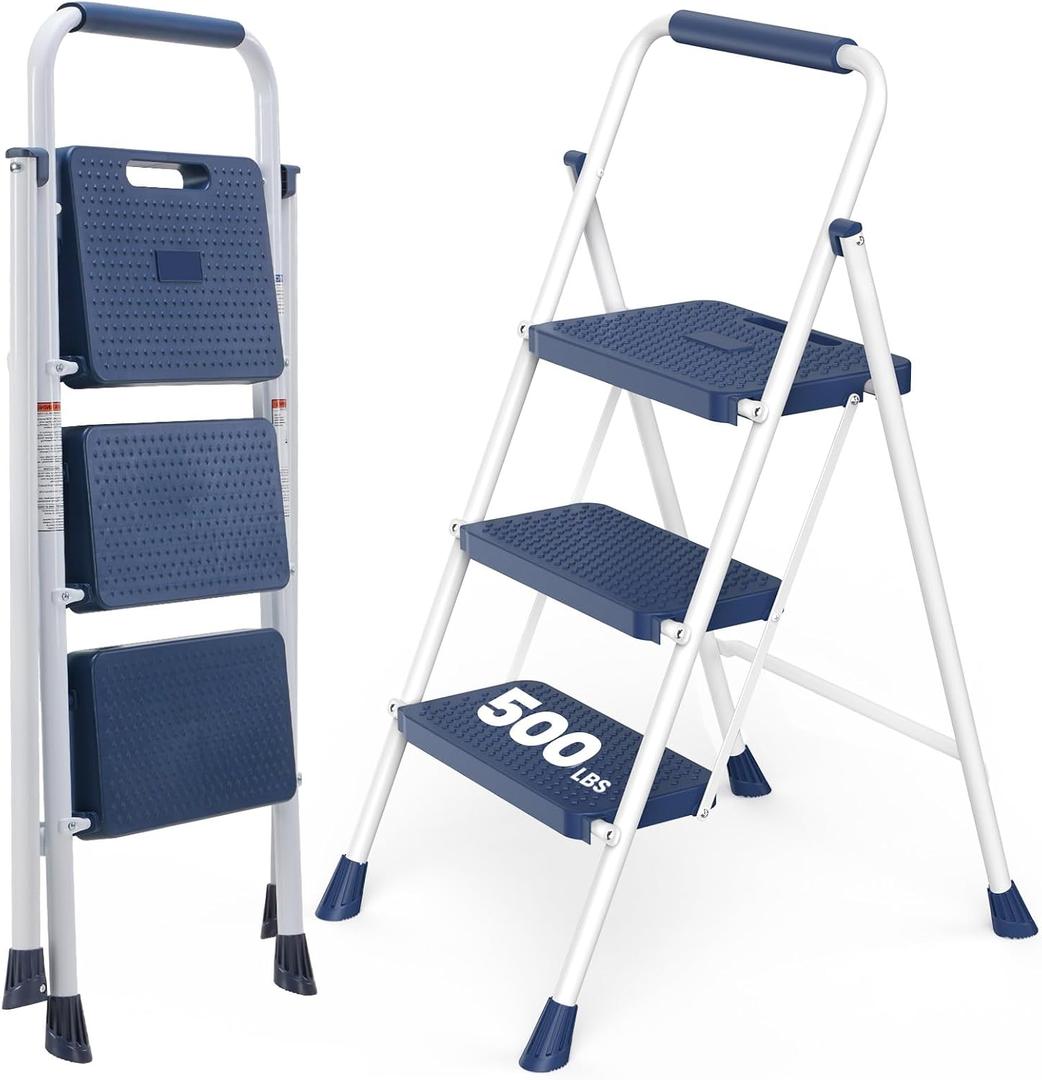 DUMOS Step Ladder, 3 Sturdy Step Stool with Anti-Slip Pedal & Comfortable Handrail, Portable Heavy Duty Stool for Kitchen, Garage & Outdoor Use, 500lbs, Blue