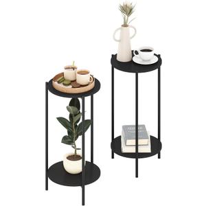 Furinno BESI Side Table Set of 2, 2-Tier Small Round End Table with Metal Legs, Metal Frame Night Stand, Bedside Table with USB and Type-C Charging Port, for Living Room, Bedroom, Americano, 2-Pack, 11.6"W Metal Frame