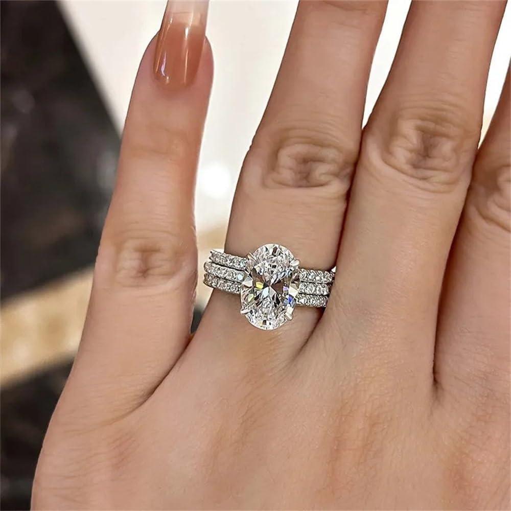 925 Sterling Silver Shiny Full Diamond Gemstone Ring 18K Gold 3PCS Oval Cut 3ct Cubic Zirconia Promise Rings CZ Diamond Multi Row Ring Eternity Engagement Wedding Band Ring Sets Z.180 (US Code 9)