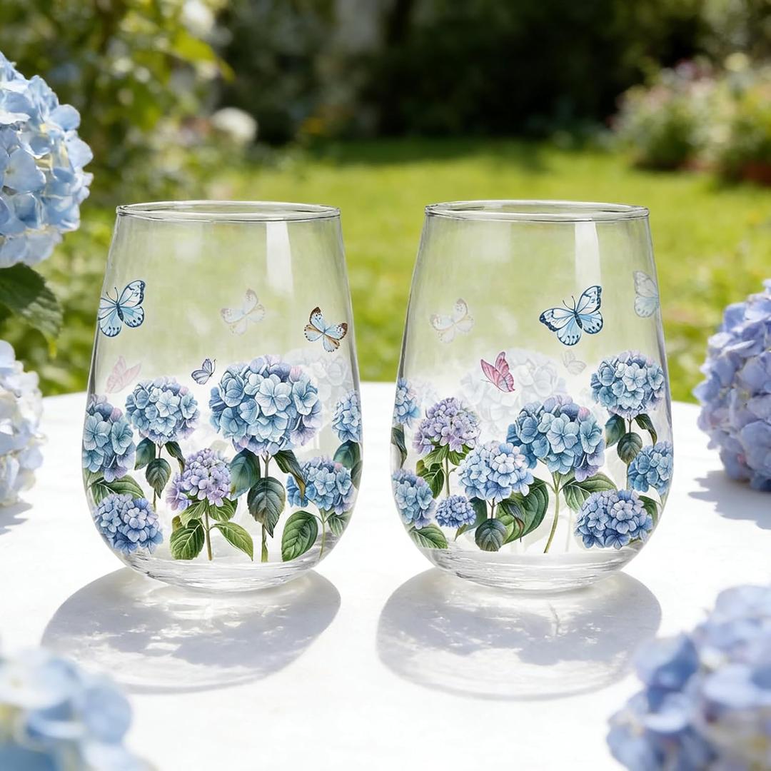 Whaline 2 Pcs Hydrangea Stemless Wine Glasses Clear Drinking Glasses 17 Oz Watercolor Blue Purple Flower Butterfly Tumbler Cups for Spring Party Supplies