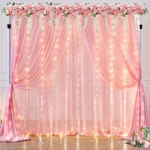 10ft x 10ft Baby Pink Backdrop Curtain with Lights String for Parties,2 Panels Sheer Tulle Curtain Wedding Photo Backdrop with Lights for Baby Shower Birthday Party Ceremony Home Decorations
