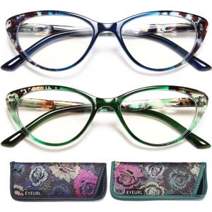 EYEURL Cat Eye Reading Glasses for Women, 2 Pack Blue Light Blocking Readers for Ladies Spring Hinge Fashion Pattern +0.75 Magnification Anti Eyestrain UV Protection