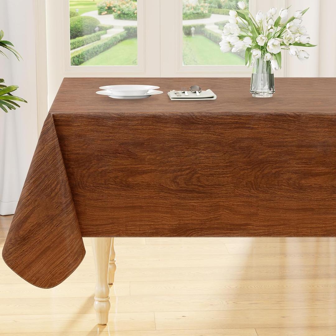 Smiry Rectangle Table Cloth, Waterproof Vinyl Tablecloths with Flannel Backing, Wipeable Spillproof Plastic Wood Grain Table Cover for Dining, Indoor and Outdoor (Brown, 52" x 70")