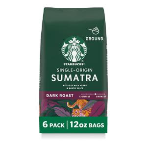 Starbucks Ground Coffee, Dark Roast Hot or Iced Coffee, Single-Origin Sumatra, Six 12 oz Bags