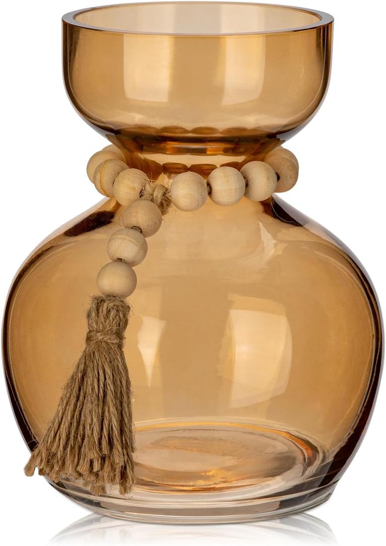 Hollyone Amber Glass Vases Bud Vase for Flowers Vintage Modern Short Vases with Wooden Beads Small Glass Vase for Centerpieces Home Table Shelf Living Room Wedding Decorations (Style 4)