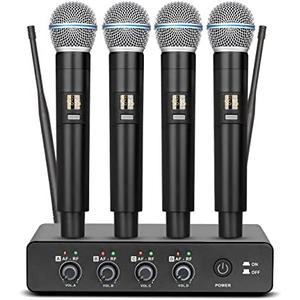 Depusheng R4 Karaoke Wireless Microphones Professional 4 Channels Handheld Wireless Microphone System Metal Dynamic Mic for Karaoke Singing, House Party, Church, Performance