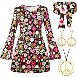 Haysandy 70s 80s Women Hippie Costume Set Disco Outfit Peace Sign Earring Necklace Headband Dress for Women Halloween (X-Large)