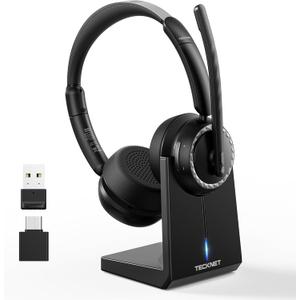 TECKNET Wireless Headset, 5.3 Bluetooth Headset with AI Noise Cancelling Mic, Computer Headset Rechargeable, USB Dongle, Charging Base, On-Ear Headphones for Trucker/Remote Work/Call Center (Black)