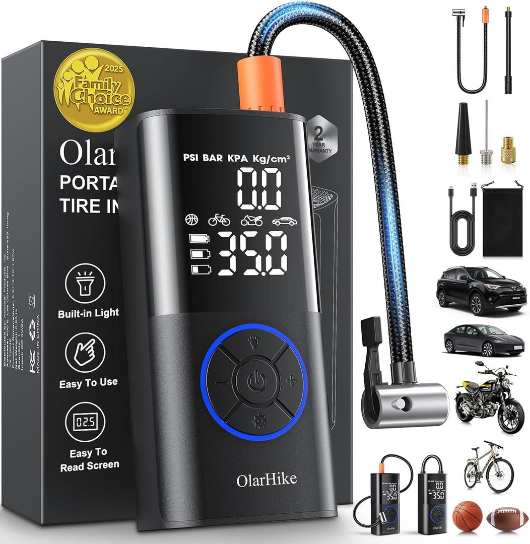 OlarHike Tire Inflator Portable Air Compressor, Smart Dual Hose System, 160PSI Auto Air Pump for Car Tires, Bike,Bicycle, Motorcycles,Electric Pump with LED Light & Digital Pressure Gauge