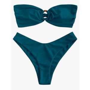 ZAFUL Women's Bandeau Bikini O Ring Strapless Tie Back High Cut Two Piece Swimsuit Bathing Suits M