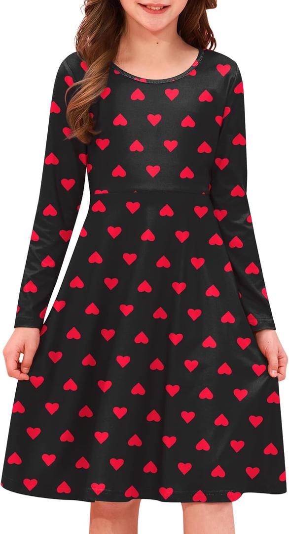 Girl's St Patrick's Day Clover Print Irish Shamrock Long Sleeve A-line Midi Dress (12 Years)