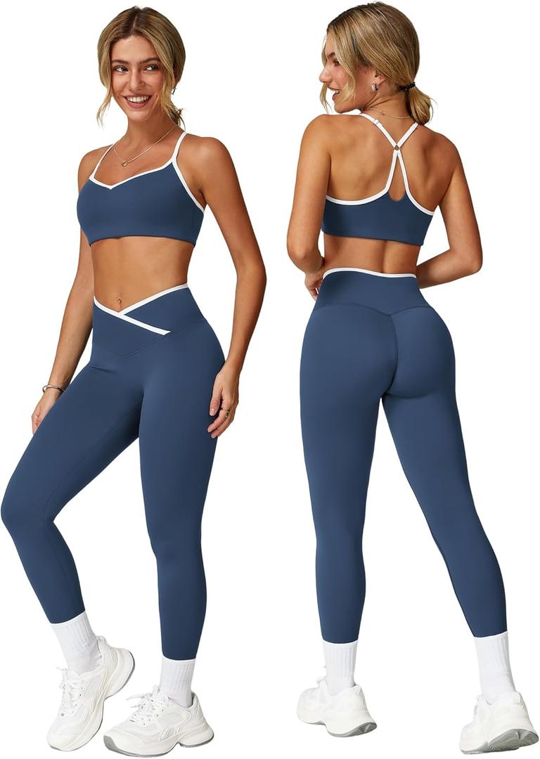 ABOCIW Workout Sets for Women 2 Piece Color Block Strappy Sports Bra High Waist Shorts Gym Yoga Pilates Outfits (Small, Navy)