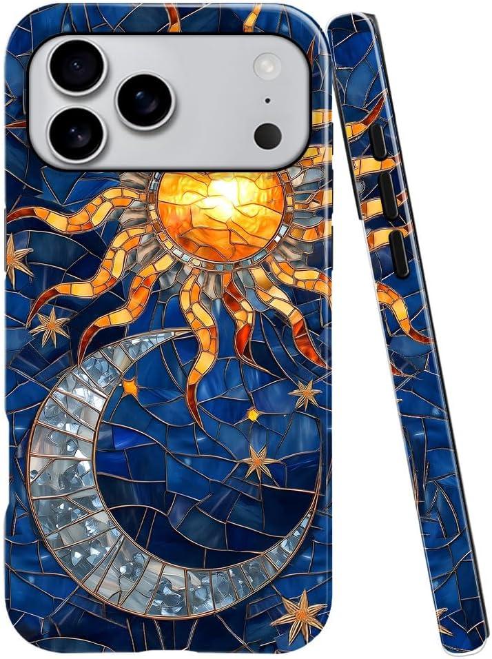 Case for iPhone 17 Pro Max,Fits Glossy Case Design for Girl Women,Celestial Stained Glass Sun Moon Star Blue