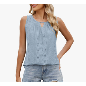 Womens Sleeveless Tops Dressy Casual Keyhole Neck Sleeveless Eyelet Tops Trendy Summer Loose Fit Tank Tops Shirts, L