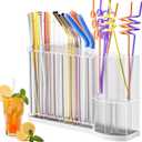 Straw Holder for Cabinet Door - Strong Magnetic Detachable Bottom, Easy to Clean, Dual Use (Countertop/Cabinet), Fits Various Sizes & Irregular Straws (Transparent)