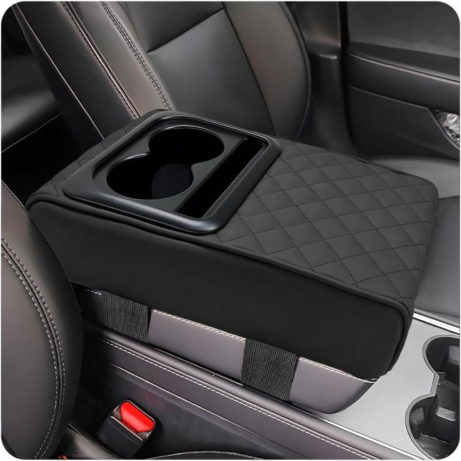 Car Center Console Armrest Pillow, Waterproof Car Armrest Cover Cushion with Cup and Phone Holder, Memory Foam Arm Rest Box Protector for Most Vehicles, Car Accessories (Black)