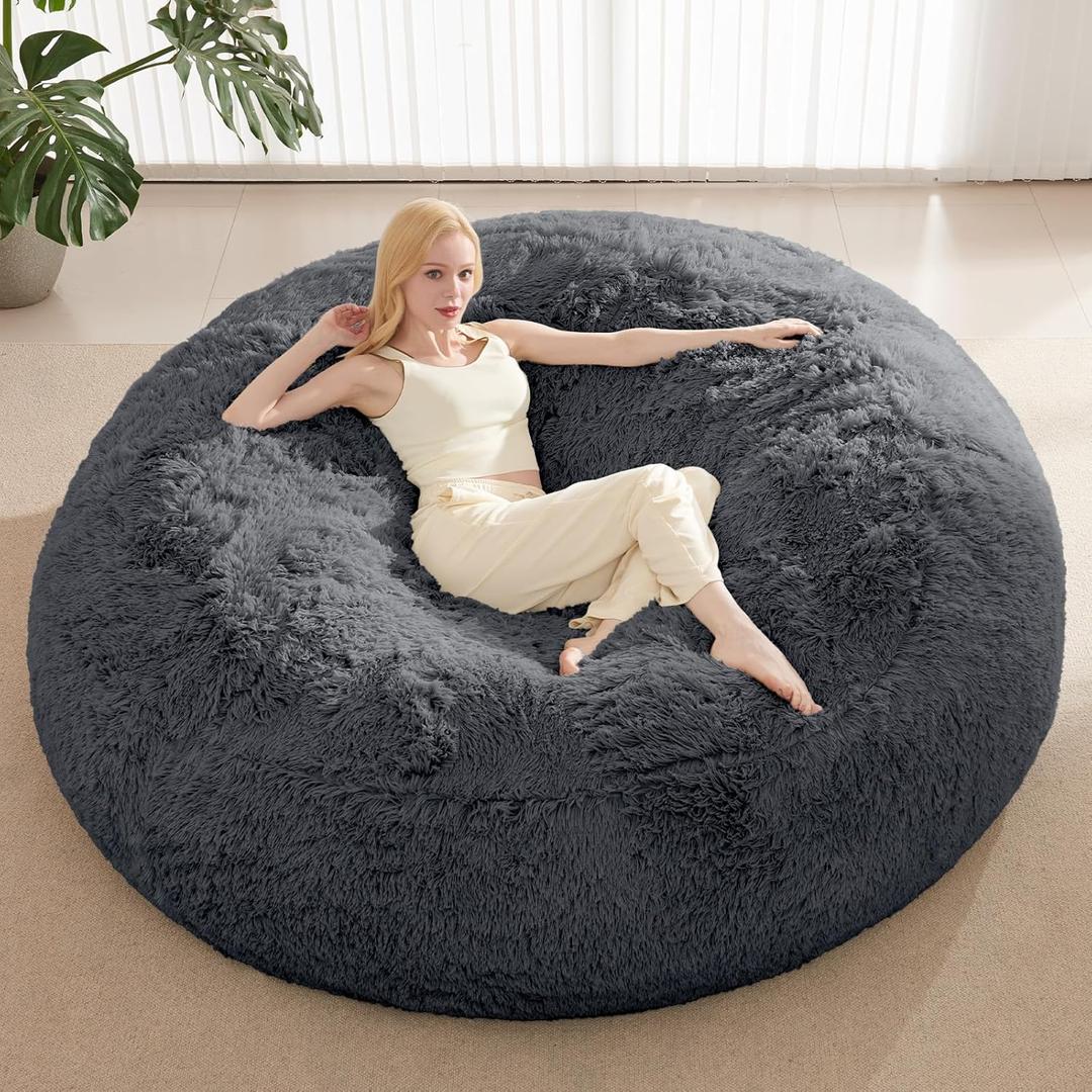 Bean Bag Cover(No Filler), Faux Fur Comfy Bean Bag Chairs for Adults, Washable Bean Bag Chair Cover, Fluffy Plush Giant Bean Bags Chairs for Teens Kids Girls, Anti-Slip, 5FT, Dark Grey