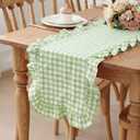 HunnmingRe 1 Pcs Light Green Plaid Gingham Ruffle Table Runner 118 x 13.8'' Farmhouse Table Runner 100% Cotton Scalloped Long Dresser Scarves for Dining Room, Wedding, Kitchen Rustic Home Decor
