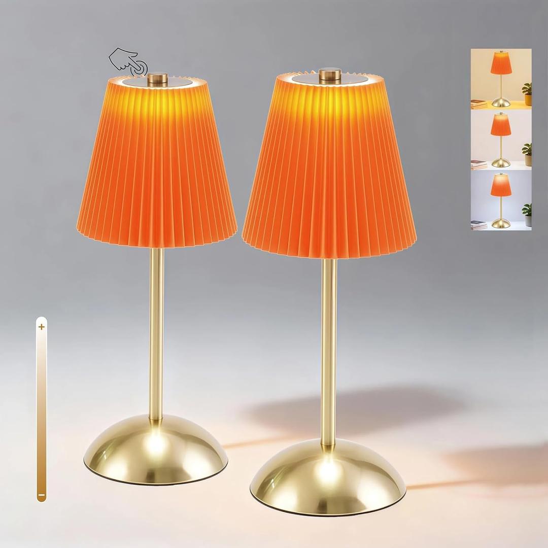 Set of 2 Orange LED Lamp, Small Cordless Lamps Rechargeable, 3 Color Temperatures & Stepless Dimming, Mini Wireless Lamp for Nightstand, Patio Table Lamp Outdoor Battery Operated (Tangerine)