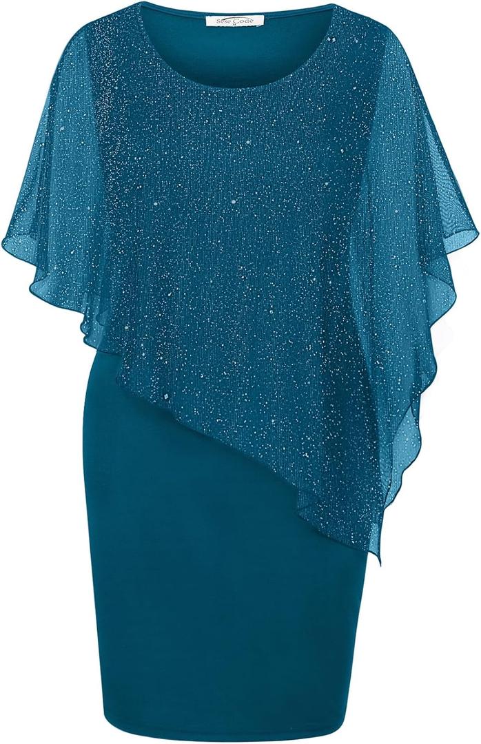 SeSe Code Women's Mesh Cape Overlay Bodycon Knee Length Pencil Dress for Wedding Guest (Large, Star Navy Blue)