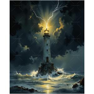 Stormy Lighthouse Paint by Numbers Kit for Adults - DIY Ocean Waves and Lightning Painting on Canvas, Acrylic Paint Set, Suitable for Beginners, Art for Home Decoration or Gifts(16X20IN Framed)