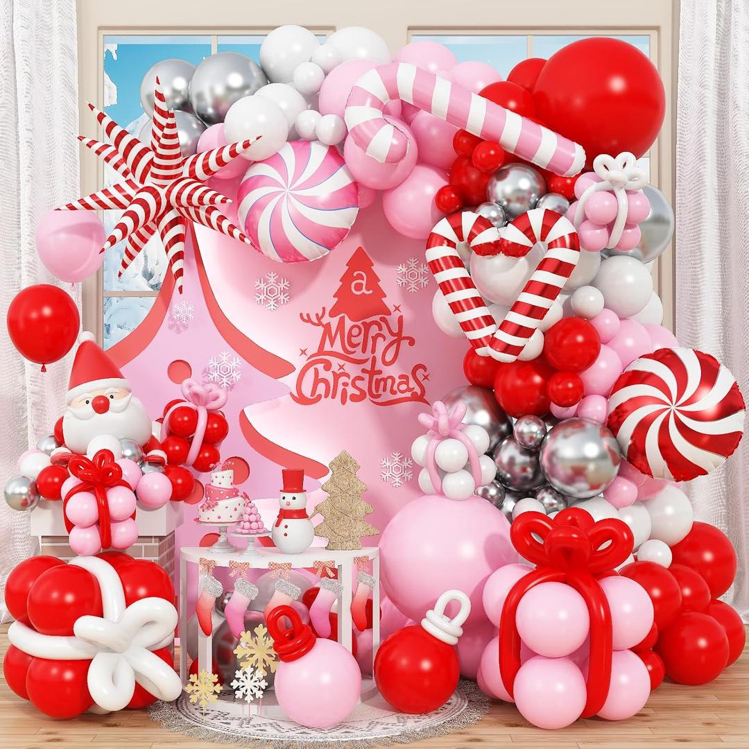 Christmas Balloon Arch Kit 138Pcs Red Pink Silver White Xmas Balloons Garland Kit with Candy Cane Pinwheel Star Foil Balloons Sweet New Year Winter Onederland Holiday Birthday Party Decorations Gifts
