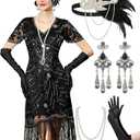 Yessa Black Flapper Dresses for Women - Roaring 20s V Neck Sleeve for Harlem Nights/Cocktail/Party - Gatsby Costume, X-Large