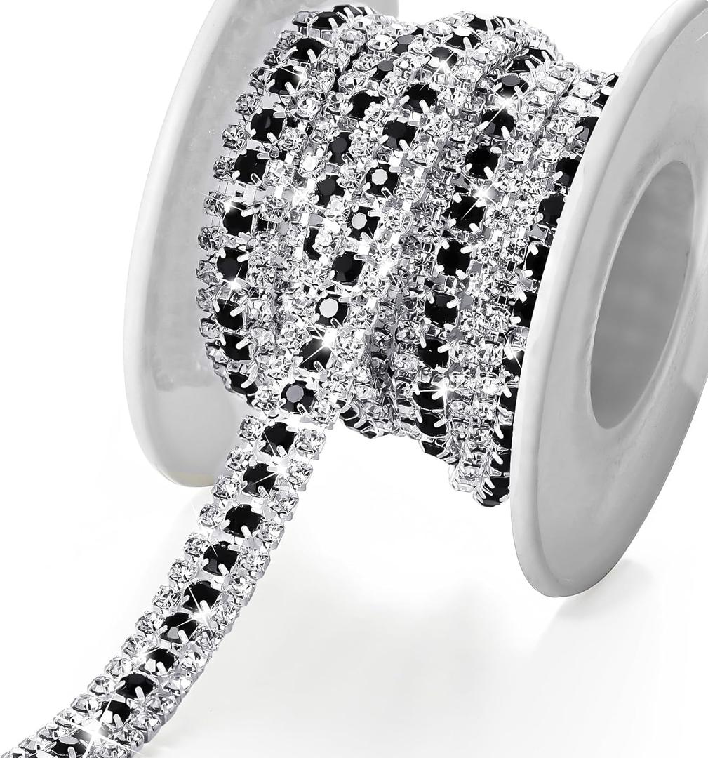 Junkin 3 Rows 6 Yards Crystal Rhinestone Trim Close Chain Bling Diamond Rhinestone Jewelry Chain for Crafts DIY Sewing Clothing Wedding Party Making Decorations Bridal Embellishments (Black and White)