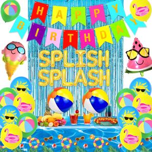 Summer Pool Birthday Party Decorations, Splish Splash Birthday Bash Decorations Tropical Balloons Banner Tablecloth for Kids Swimming Water Luau Tropical Hawaii Party Supplies