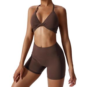 ABOCIW Workout Sets for Women 2 Piece Twist Front Halter Sports Bras High Waist Biker Shorts Exercise Gym Yoga Outfit (Medium, Coffee)