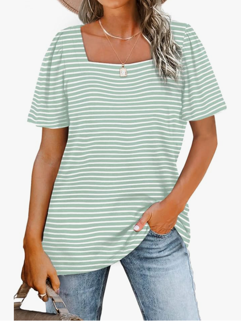 WIHOLL Womens Summer Tops Casual Square Neck Puff Short Sleeve T Shirts 2XL