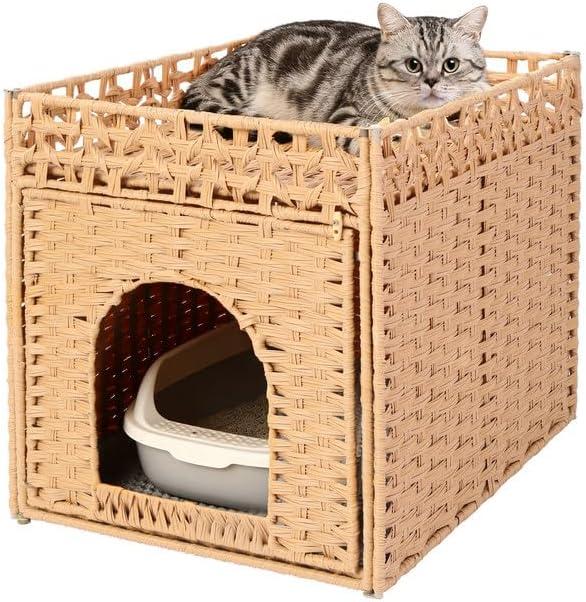 Cat Litter Box Enclosure Furniture, Hidden Litter Box Cat House with Litter Mat, Dog Proof Handwoven Rattan Indoor Cat House for Odor Control & Privacy, Stylish Cat Furniture for Living Room & Bedroom