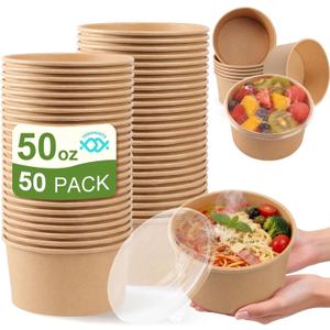50 Pack 50 oz Disposable Kraft Paper Bowls with Lids, Leakproof Soup Bowls, Heavy Duty Compostable Paper Bowls, Suitable For Serving Hot/Cold Food, Party, Picnic, Takeout & Meal Prep