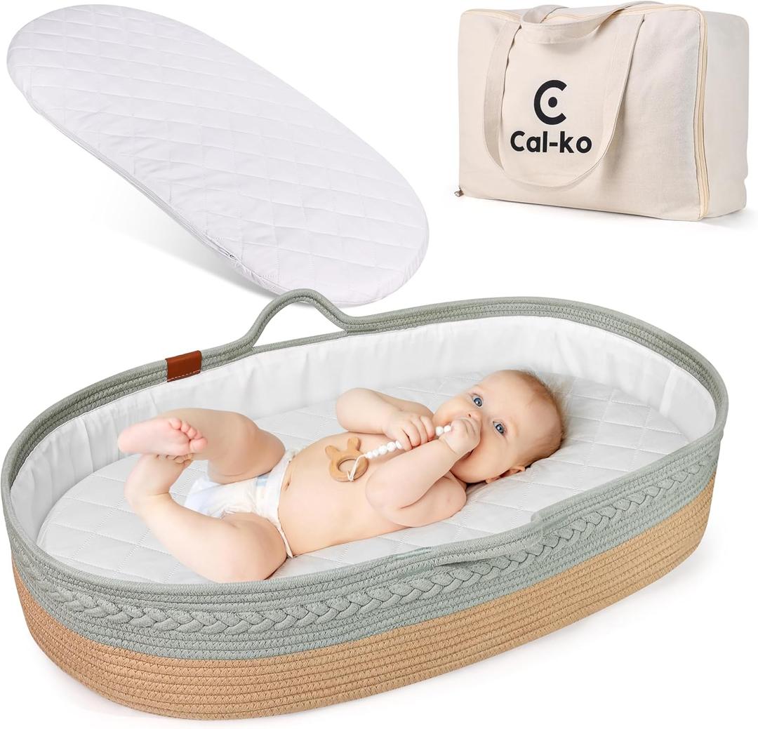 Moses Basket for Newborns  Baby Changing Basket with Waterproof Pad  Reinforced Mesh Sides  Includes Travel Case  Portable Diaper Basket for Dresser Top or Nursery Use (Cotton, Teal)