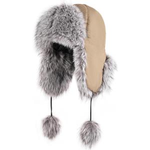 Women Faux Fur Trapper Hat with Pompoms Warm Classic Ear Flaps Fuzzy Bobble Cap Warm Outdoor Ski Snow Cap for Women and Men (Khaki)