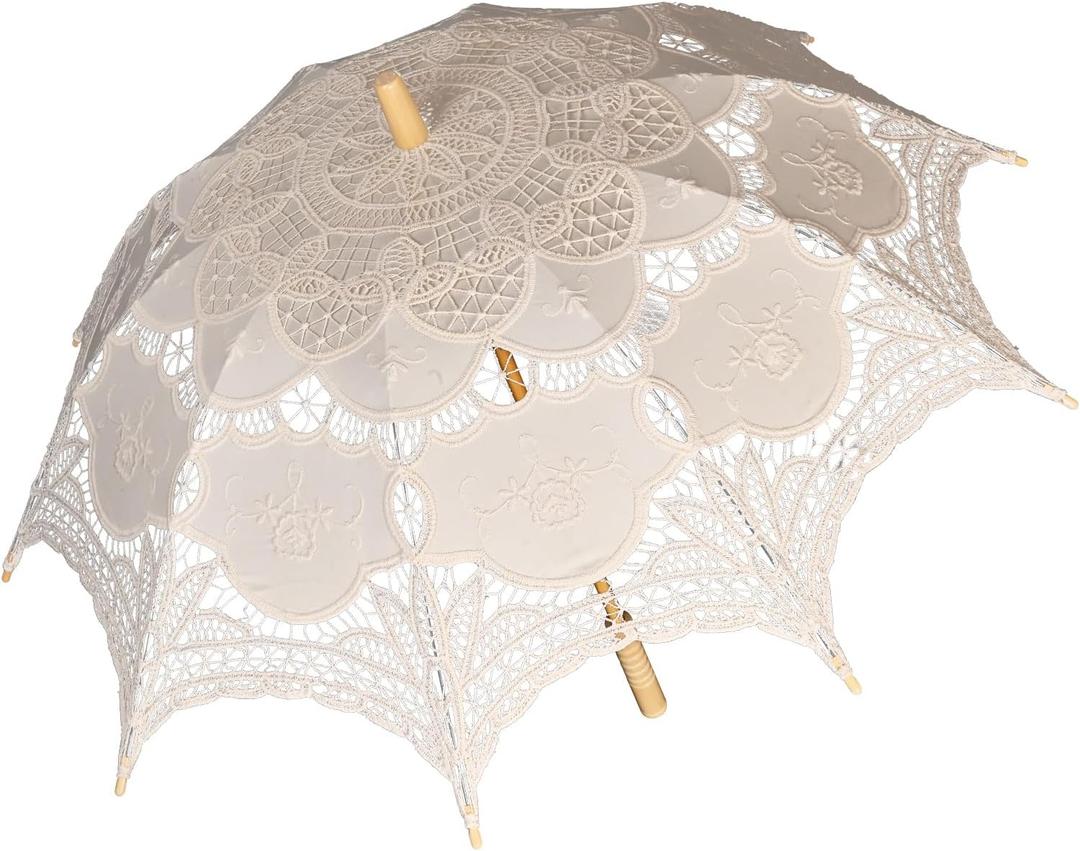 Vintage Lace Parasol Umbrella 32 Inch Bridal Wedding Decoration Umbrella for Photoshoot, Tea Party, Victorian Style Sunshade for Women and Adults