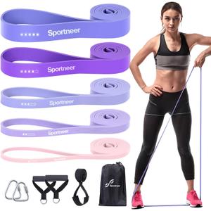 Resistance Bands Workout Set: 5 Levels Pull Up Assist Bands 5-130lb with Handles & Door Anchor (Blue,Pink,Purple)