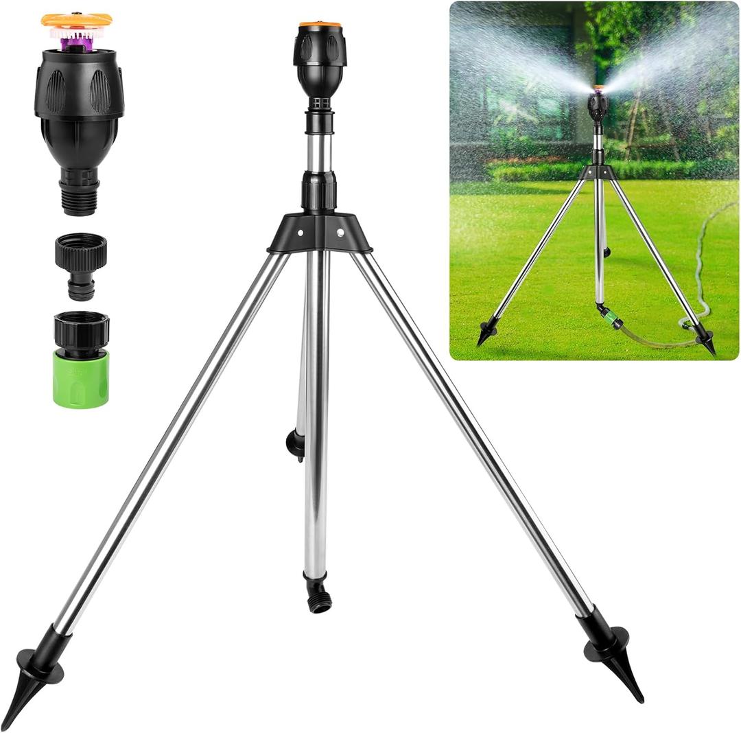 Rotating Tripod Sprinkler, Sprinklers for Lawn Garden Yard, 360 Degree Large Area Automatic Double-Sided Coverage, Telescoping Water Sprinkler with Metal Tripod Base