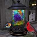 Solar Bird Feeder for Outdoor Hanging Stained Glass, Tesserae | 1.5lbs Capacity Small Metal Birdfeeder - Attracts Cardinals and Finches - Garden Decor Gift for Parents and Lover