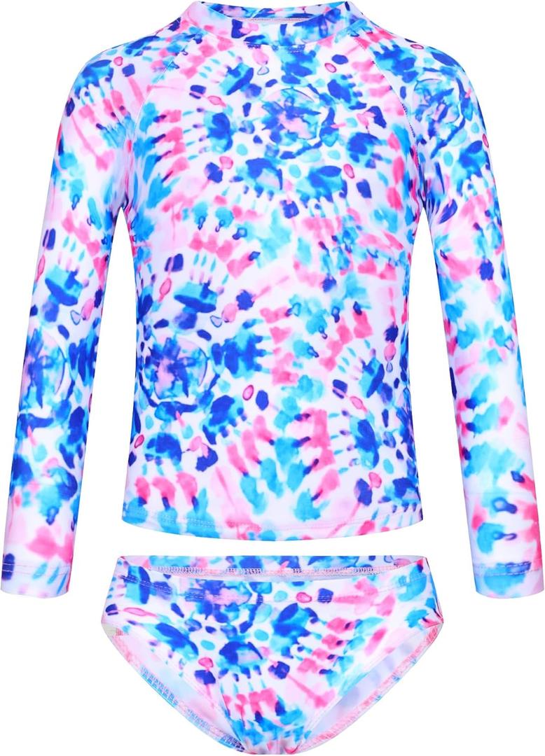 TENVDA Girls Swimsuit Long Sleeve Rash Guard Sets UPF 50+ Two Piece Bathing Suits Size 3-12 Years (9-10 Years, Tie Dye L)