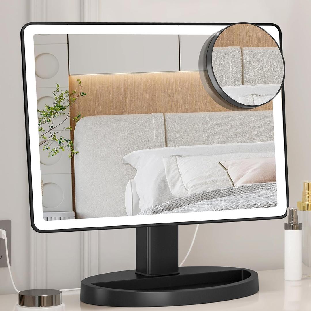FUNTOUCH Large Lighted Makeup Mirror with Lights, 3 Color Lighting Modes Light Up Mirror with 88 LED, 10X Magnification and 360 Rotation Touch Screen Tabletop Cosmetic Vanity Make Up Mirror (Black)