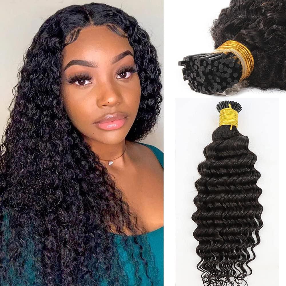 I Tip Hair Extensions Deep Wave Human Hair Extensions 20Inch Long Curly Kenratin Hair Natural Black Microlink Beads I Tip Hair Extension for Black Women Curly Real Remy Hair Extension 50g 50Strands
