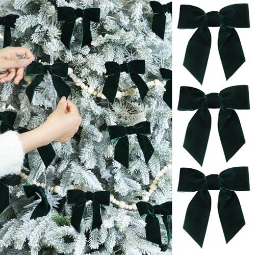 24 Pcs Deep Green Vintage Velvet Christmas Bows -Cozy 4.5 Inch Bows for Christmas Tree Ornaments, Wreath Accents, Gift Wrapping, Wine Bottles, Stair Railings, DIY Crafts & Xmas Home Decor