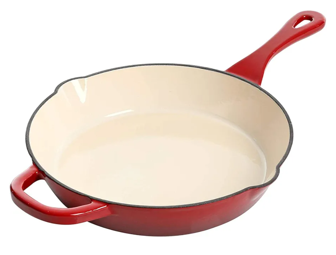 Crock-Pot 10 Inch Enameled Cast Iron Skillet with Handles - Ideal for Searing, Roasting, Frying - Even Heat Distribution, Pour Spouts - Oven-Safe & Stovetop Safe (Red)